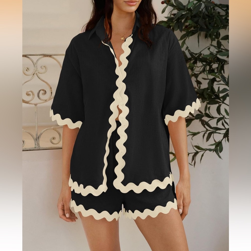 Black Two-Piece Set with Cream Scalloped Trim